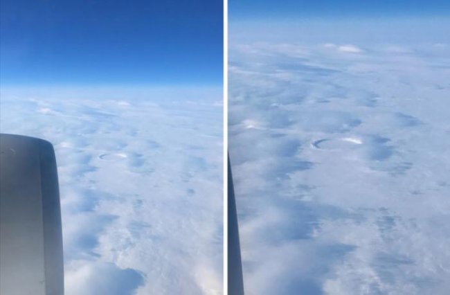 В Канаде с борта самолета засняли идеально ровное круглое углубление в облаках (3 фото) - «Планета Земля»