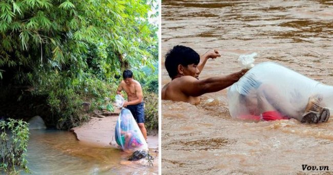 По дороге в школу, дети в деревне Вьетнама форсируют реку в пластиковых пакетах (8 фото) - «Планета Земля»